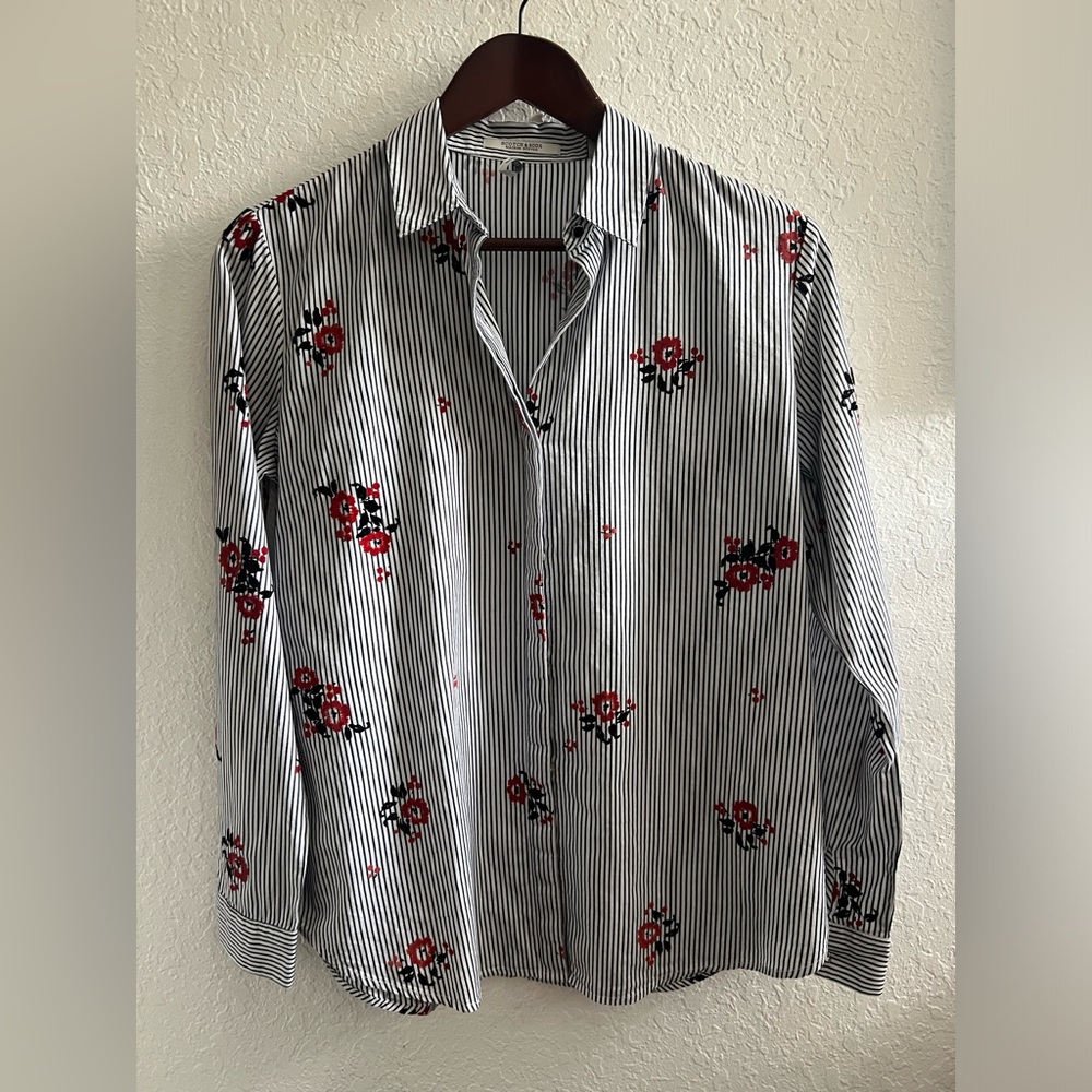 Scotch & soda pinstripe button down with red flowers, Sz S